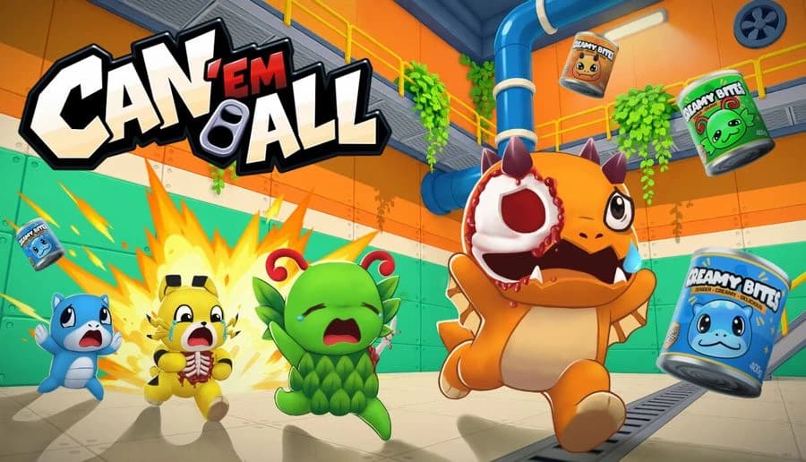 Can 'Em All: Cartoon monster herd running from exploding cans in a bright factory with conveyor belts and metal walls.