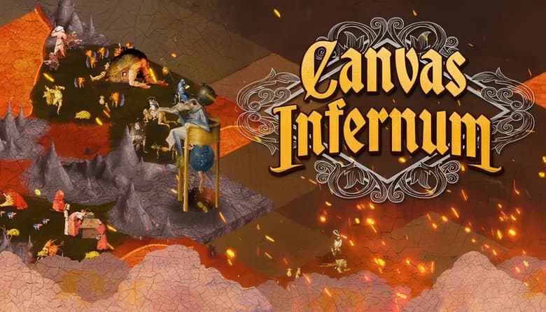 Canvas Infernum: Figures traverse a surreal, fiery landscape with mythical creatures and Renaissance-inspired structures.