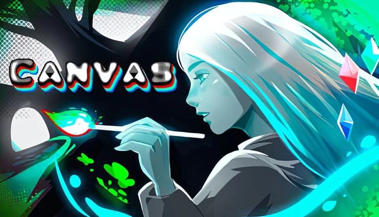 Canvas: Young woman with flowing hair paints glowing orb in vibrant forest, surrounded by colorful crystals and foliage.