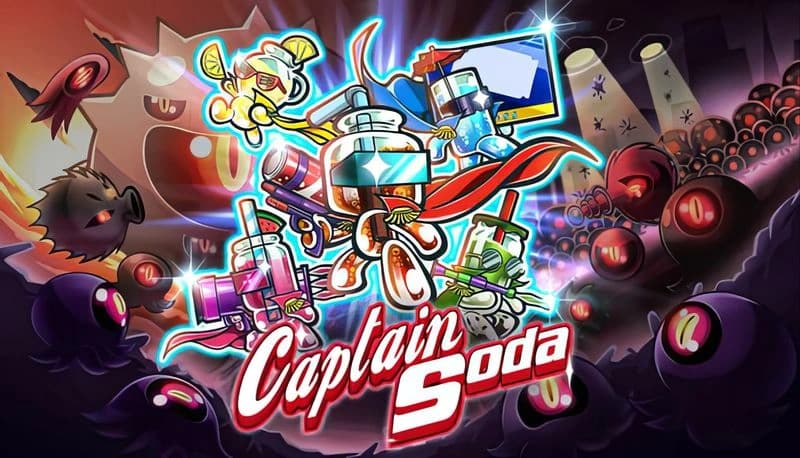 Captain Soda: Soda bottle hero battles alien army with soda guns in comic-style setting, surrounded by dark creatures.