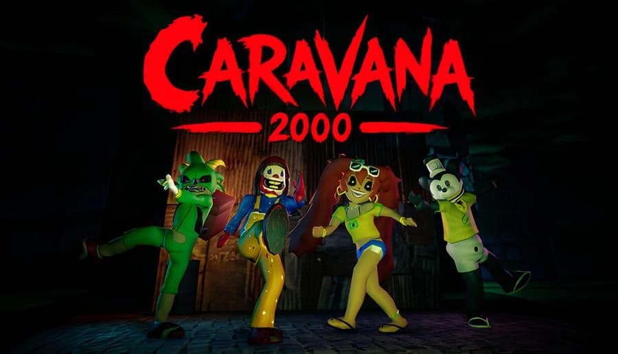 Caravana 2000: Four masked dancers pose mid-step on a dark stage, colorful costumes lit by a spotlight glow.
