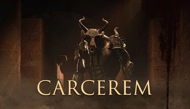 Carcerem: Horned creature with skeletal armor stands in a shadowy ancient ruin, surrounded by tall stone walls.