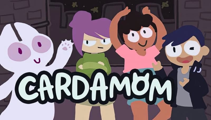 Cardamom: Cartoon cat and diverse young friends pose together with playful expressions in a colorful urban setting.