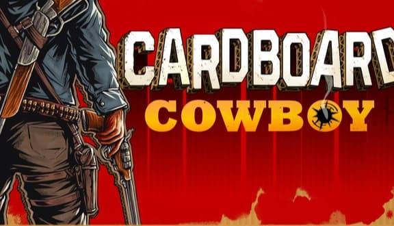 Cardboard Cowboy: Cowboy holds revolver at his side, leather chaps and bandolier against red poster backdrop.