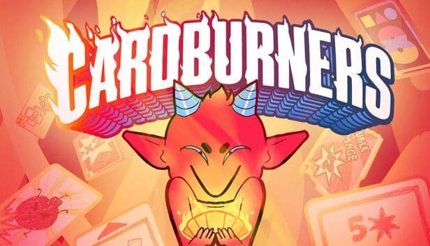 Cardburners: Red devil with silver horns holds flaming cards, surrounded by floating card designs in fiery backdrop.