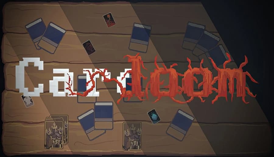Cardoom: Shadows cast on a wooden table cluttered with playing cards and books, suggesting a strategic game environment.