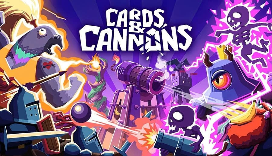 Cards & Cannons: cannons fire lightning as robot soldiers fight skeletons and bat in a purple castle battlefield sky.