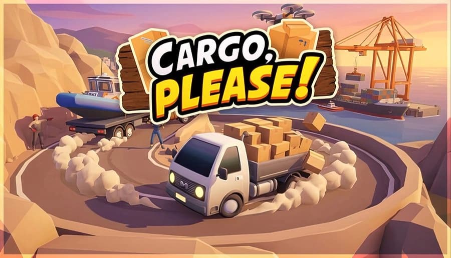 Cargo, Please!: White delivery van drifting on sandy road by dock cranes, ships, and a blue semi truck nearby.