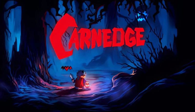 CARNEDGE: Young boy holds lantern in eerie forest, surrounded by twisted, dark trees and a mysterious glowing eye above.