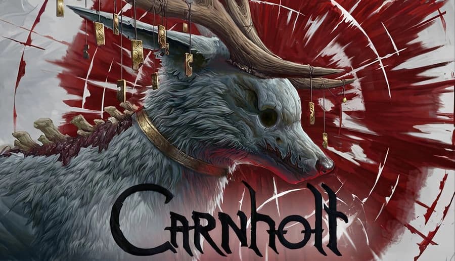 Carnholt: Wolf-headed beast with lantern charms on its antlers beside a gnarled tree and red sun backdrop.