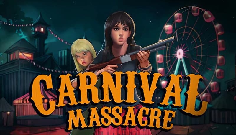 Carnival Massacre: Armed young woman and girl stand alert in eerie theme park with Ferris wheel and dark tents behind.