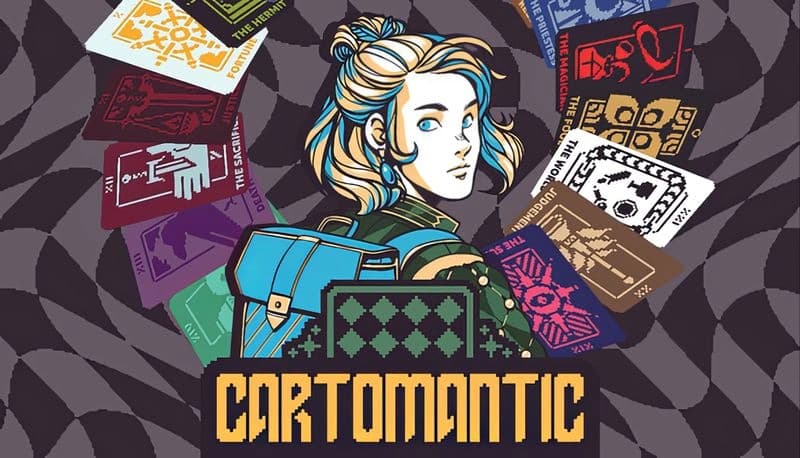 Cartomantic: Young woman with blue backpack amidst colorful tarot cards, set against a swirling patterned backdrop.