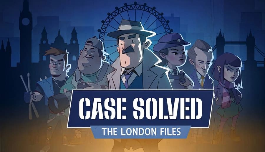 Case Solved: Detective in trench coat faces suspects under giant Ferris wheel silhouette at night in London skyline.
