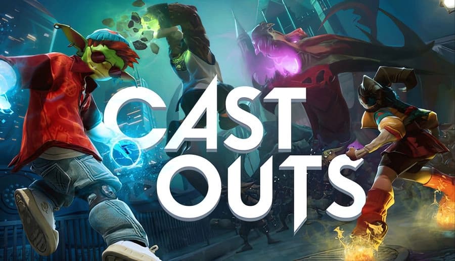 Cast Outs: two fighters hurl glowing magic at looming purple-eyed monster in ruined city street at night.