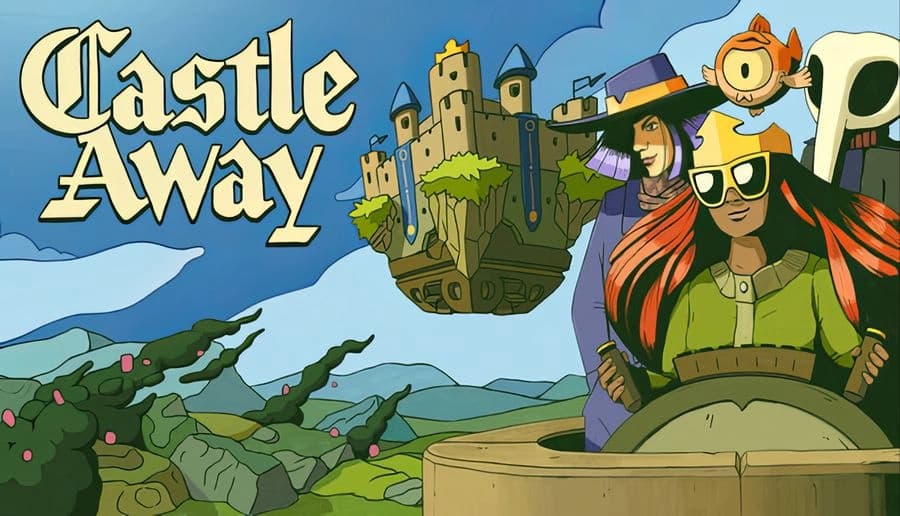 Castle Away: two young women on a castle balcony, watching a floating fortress over rolling green hills and mountains.