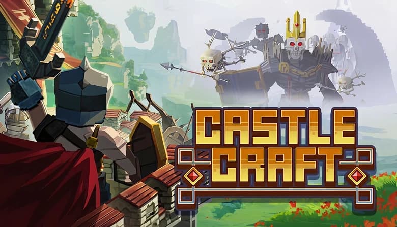 A male warrior in armor stands on a castle wall, sword raised. A giant skeleton with minions looms in the background.