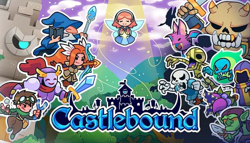 Castlebound: Heroes and monsters clash around a castle, with a winged figure above, set against a vibrant fantasy backdrop.
