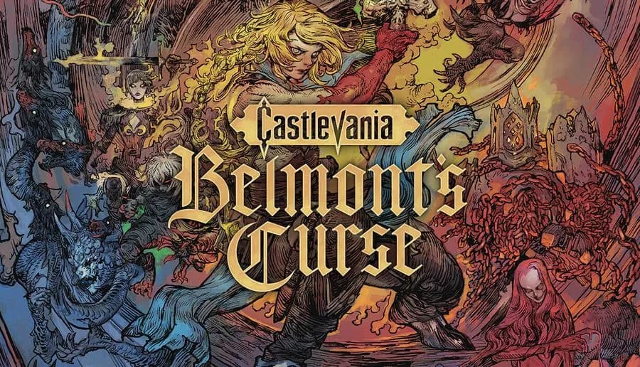 Castlevania: blond vampire hunter woman strides with whip amid swarming monsters in a ruined castle hall corridor.