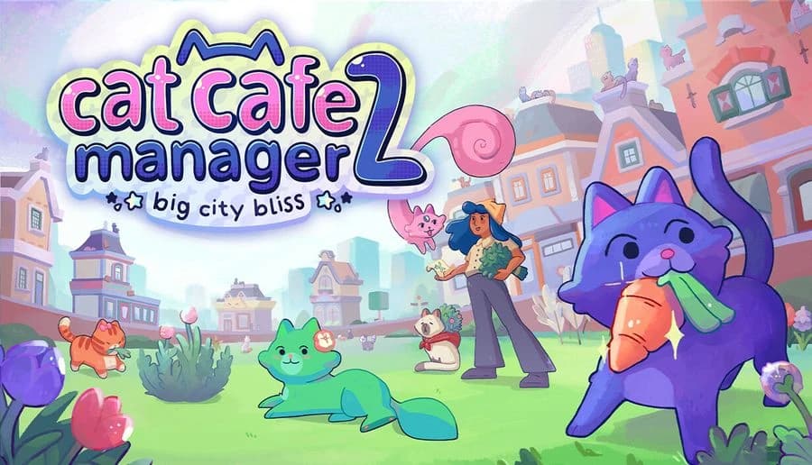 Cat Cafe Manager 2: Purple cat runs holding a carrot in its mouth across a lawn, city buildings and tulips behind.