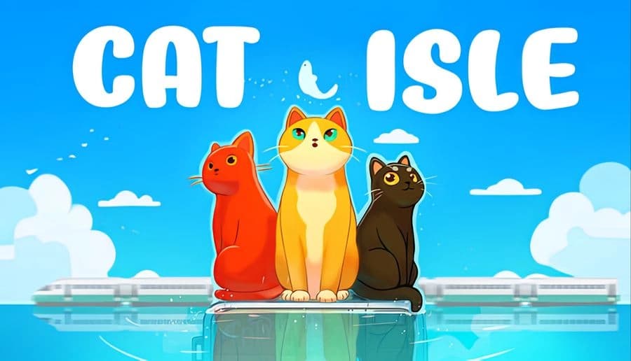 Cat Isle: three sitting cats in red, cream, and black on a pier with blue sea, clouds, and distant islands.