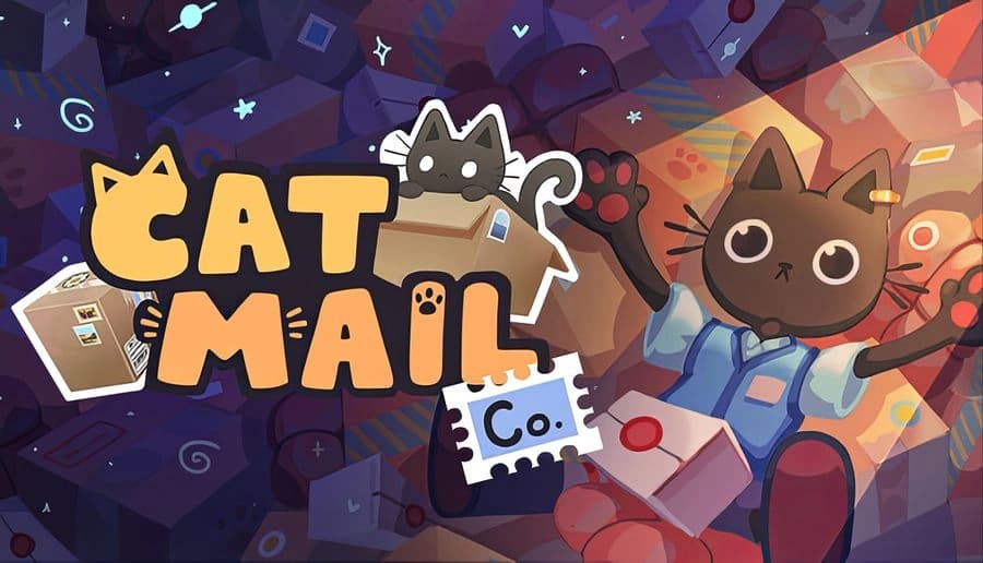 Cat Mail Co.: smiling brown cat mail carrier holding a letter and waving beside big title text on starry backdrop.