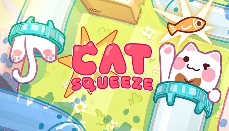 Cat Squeeze: Smiling white cat with pink paws on bright title art, fish treat icon and teal pipe caps in background.