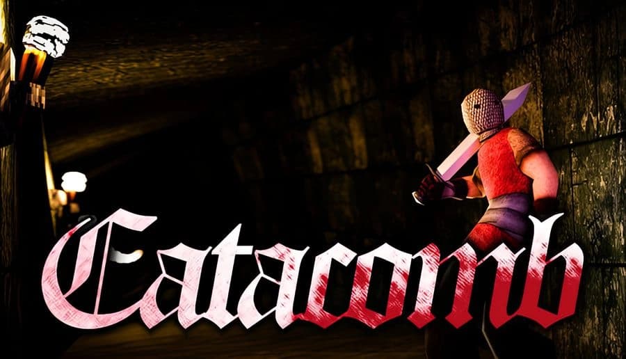 Catacomb: hooded fighter holds a glowing sword beside stone corridor wall, torchlight casting shadows underground.