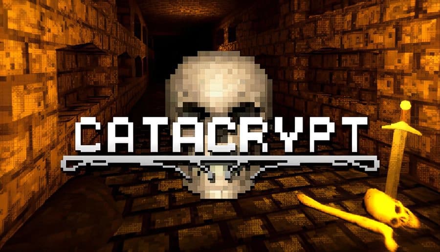 Catacrypt: Large skull hovers over a pixelated stone dungeon corridor with a sword on the ground and torches lit.