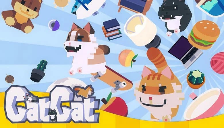 CatCat: Pixel cats float in bright space with furniture, food, toys, and electronics, creating a playful environment.