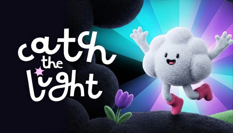 Catch the Light: Smiling gray cloud mascot with raised arms and pink boots leaping over grass, rainbow rays behind.