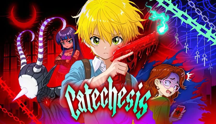 Catechesis: Blond teenage boy aims red handgun toward viewer, purple-haired girl behind, red occult symbols backdrop.