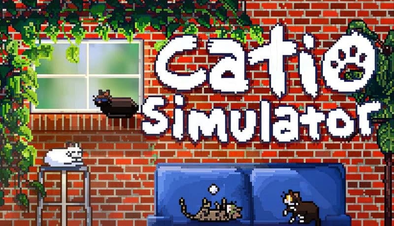 Catio Simulator: Cats lounge on blue sofa, white and black cats perch on brick wall under lush vines in cozy setting.