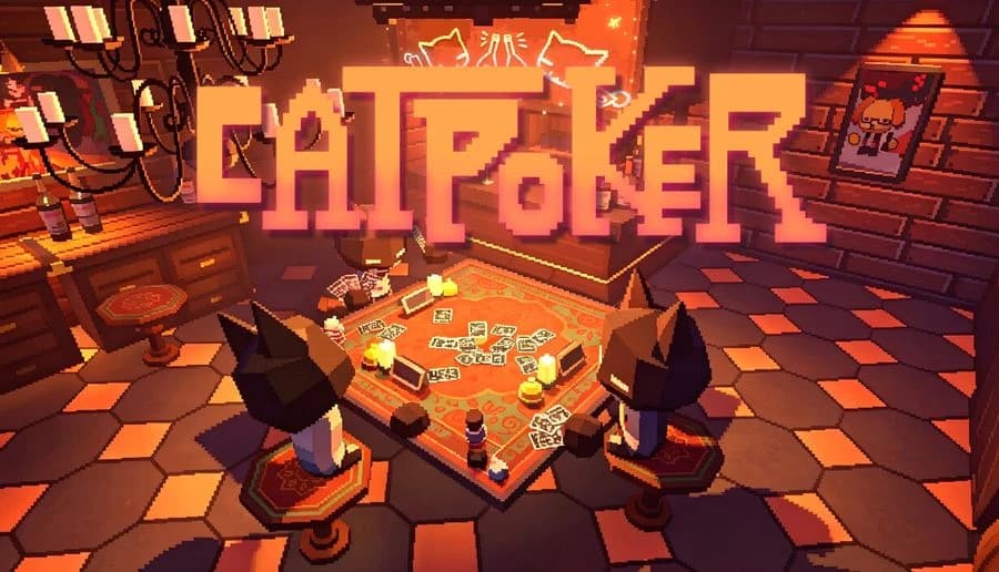 CatPoker: three cats play cards around a cluttered table with scattered chips and cash in a warm-lit room.