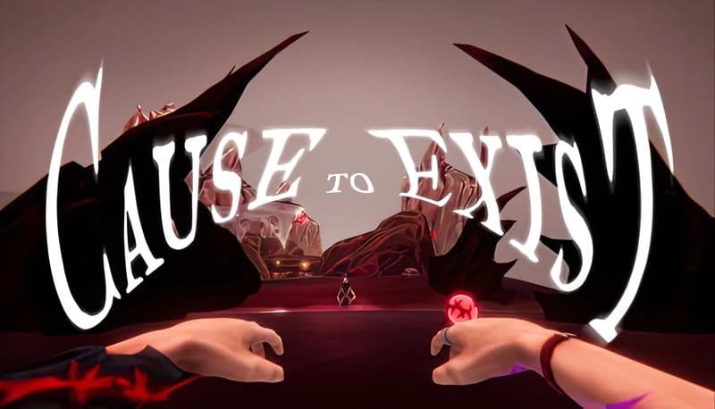 Cause to Exist: Hands extend toward dark, jagged landscape with red orb, highlighting surreal, organic environment.