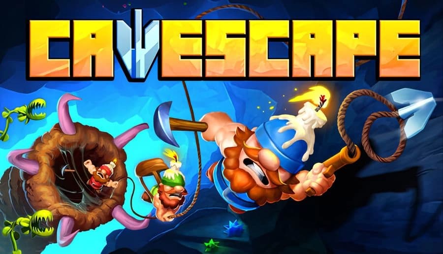 Cavescape: Viking character with axe swings on rope above tentacled creature and carnivorous plants inside a dark cave.