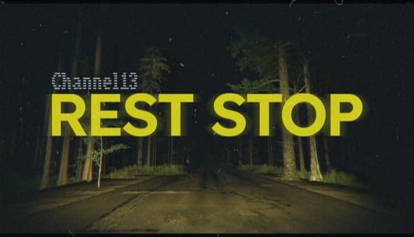 CH13: Dark forest road at night with a tall shadowy figure standing ahead between trees and headlights glow.