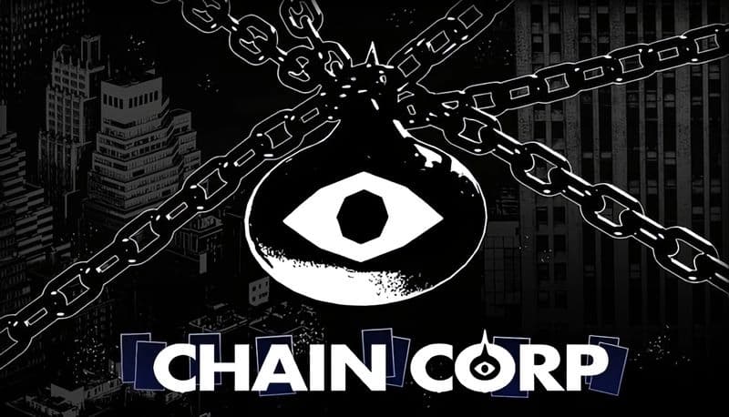 Chain Corp: Eye emblem suspended by chains over city skyline, capturing a mysterious and industrial theme in monochrome visuals.