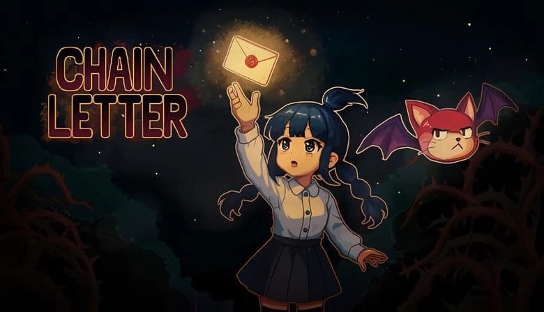 Chain Letter: Young girl reaching for glowing letter at night, with flying bat-cat beside her in a starry forest setting.