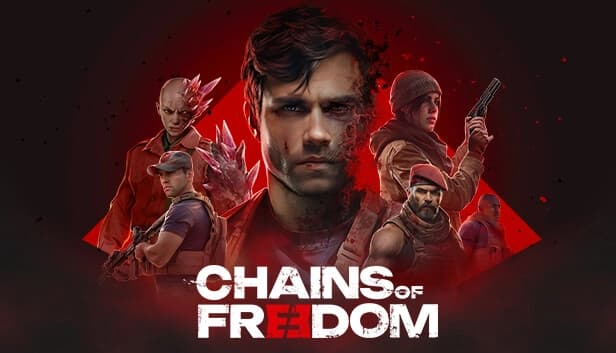 Rugged man with facial scars, half-exploded face, surrounded by diverse soldiers and half-crystal figure on red backdrop.