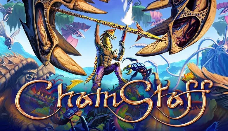 A half-alien warrior wields a large, transforming spear against giant alien creatures in a vibrant, fantastical landscape.