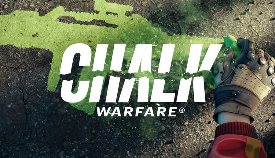 Chalk Warfare: gloved hand grips a green smoke grenade on gritty asphalt splattered with bright green paint.