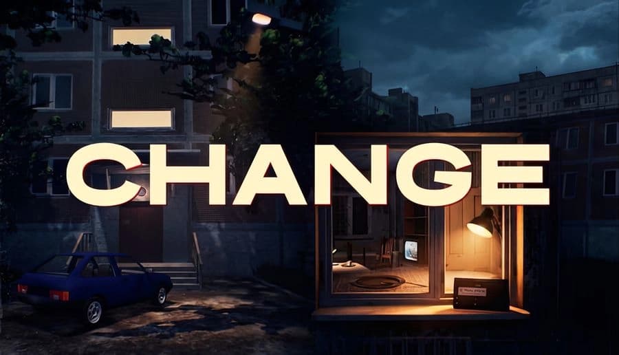 Change: Night street with parked car, apartment blocks, and a lit storefront entrance under cloudy blue sky.