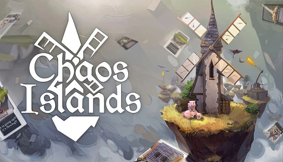 Chaos Islands: Windmill tower on a floating island with a pig, surrounded by drifting cards in cloudy sky.