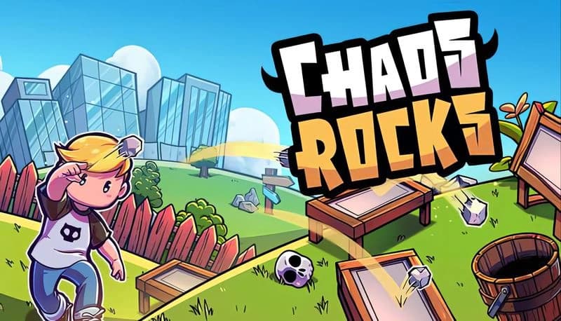 Chaos Rocks Halloween Demo: Young boy throws rocks at arcade machines on a grassy field with modern city buildings in background.