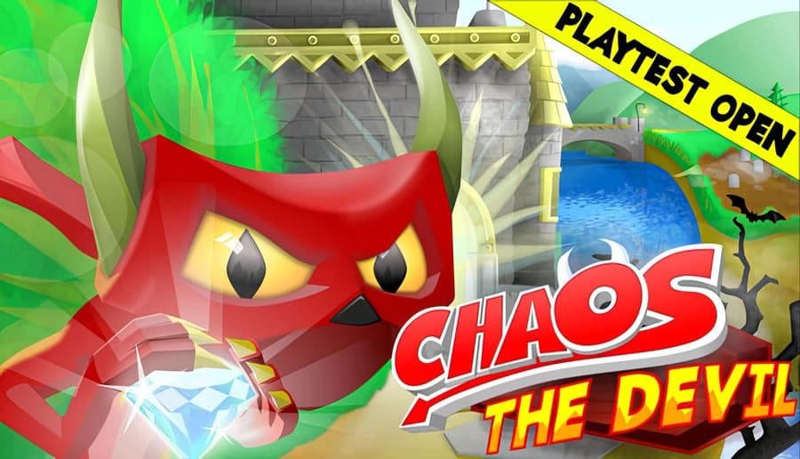 Chaos The Devil: Red devil mascot with angry eyes holds a glowing crystal in a bright green fantasy landscape.