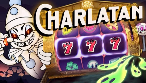 Charlatan: Grinning white masked jester holds a gold coin beside a glowing slot machine with triple 7s at night.
