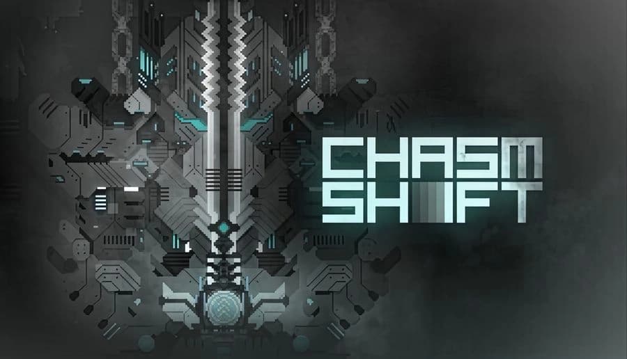 CHASM SHIFT: Monolithic metallic tower with intricate designs towers amidst swirling dark clouds and ambient blue lights.
