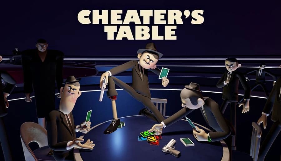 Cheater's Table: Three men in suits engage in card game; one raises gun with leg on table, under dark blue lights.