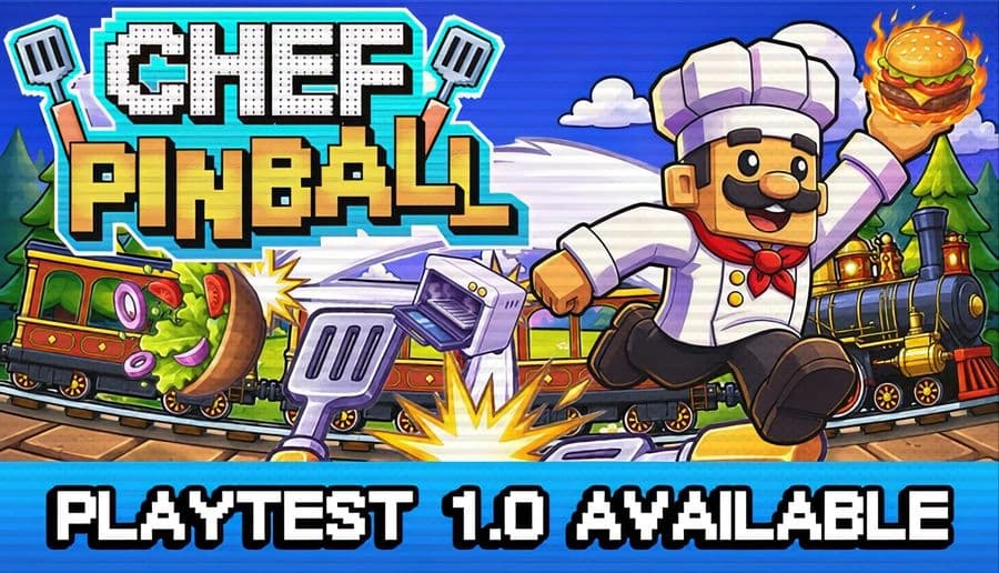 Chef Pinball: smiling chef in white hat runs beside a steam train, with pinball flippers and a burger in sky backdrop.