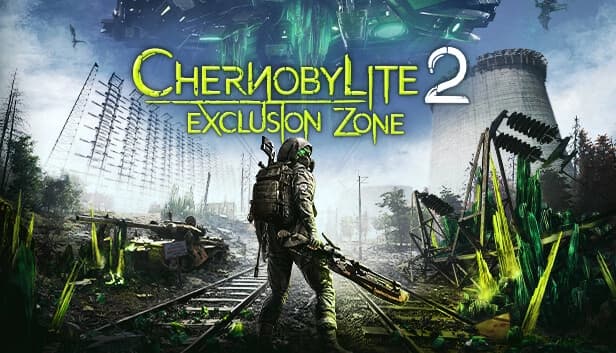 Hooded soldier with green eyes, gas mask, and weapon stands on damaged tracks beneath an ominous UFO.